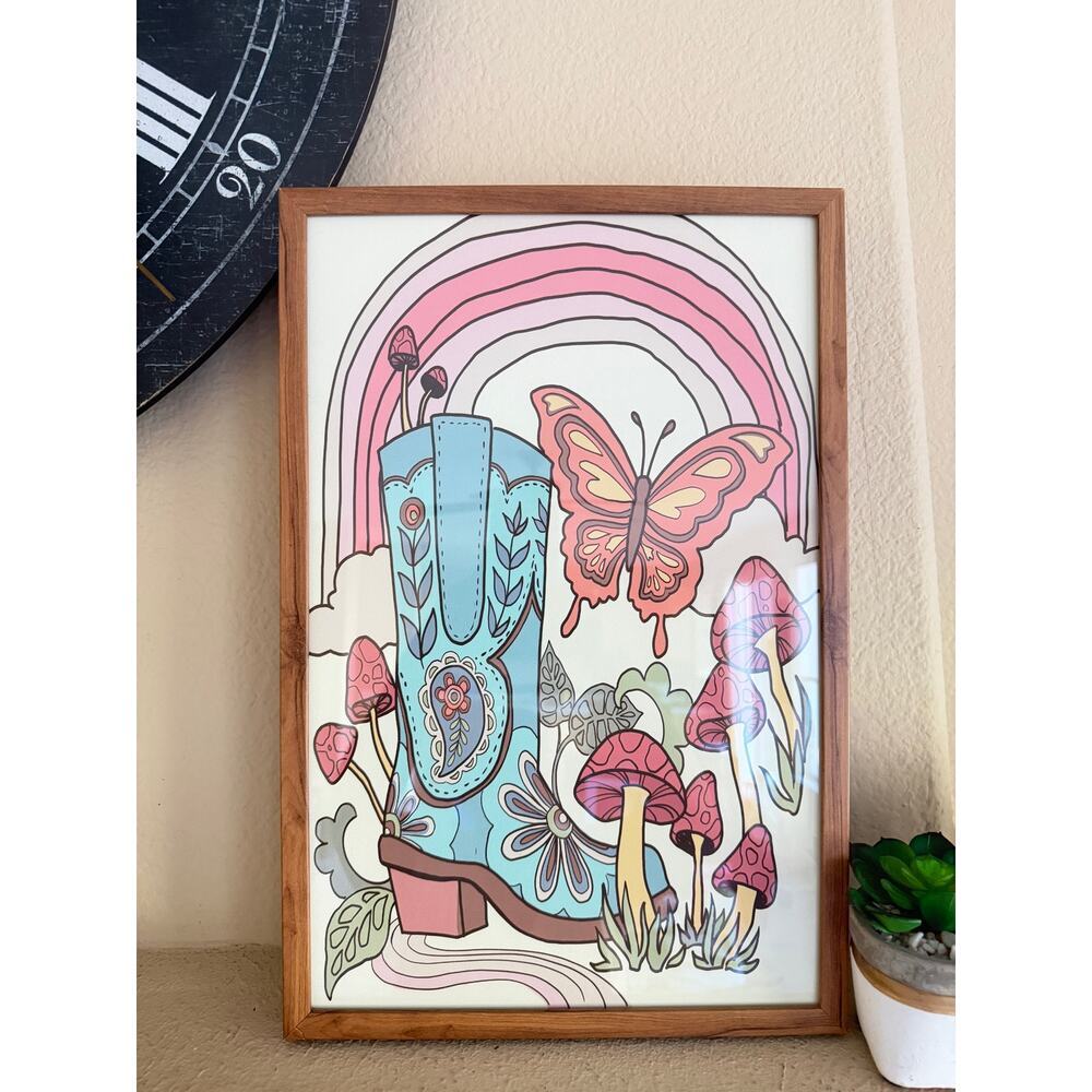 Boho Cowgirl Boot Rainbow Butterfly Framed Wall Art 12x18 Sapna Shah
